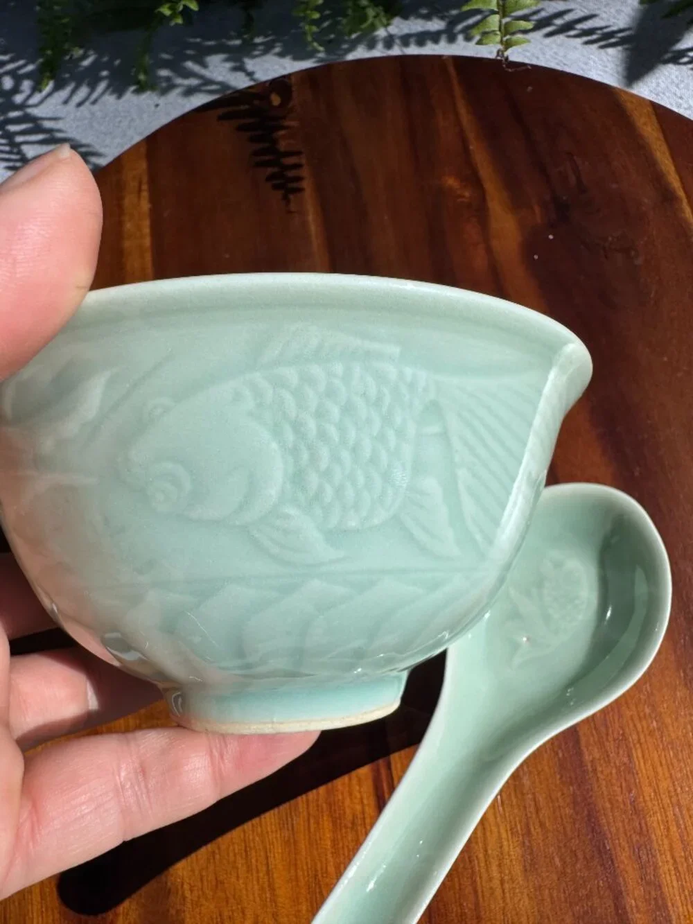 Vintage Longquan Celadon Koi Fish Bowl Green Porcelain Rice Soup Bowl with Spoon